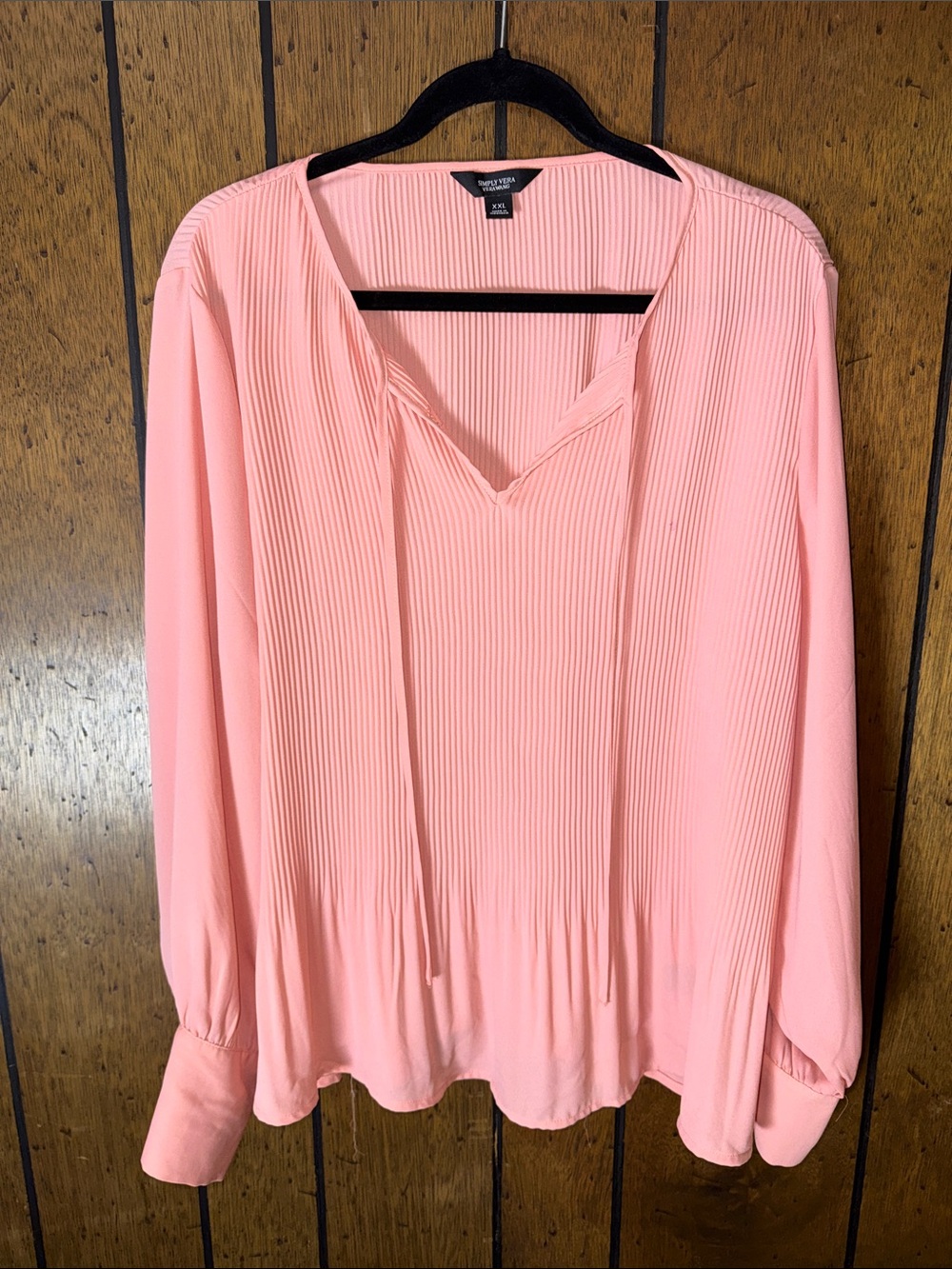 Simply Vera Vera Wang Coral Pink Pleated V-Neck Long Sleeve Blouse